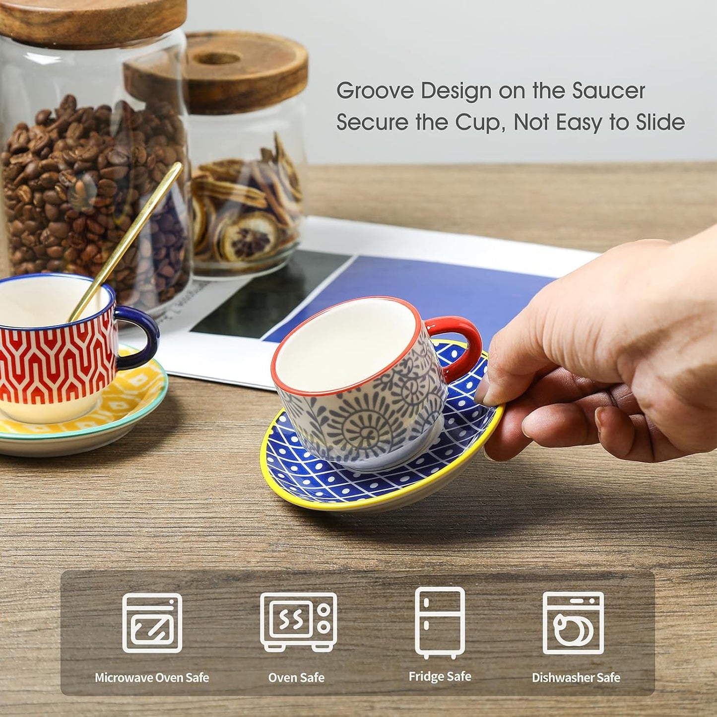 Selamica Ceramic Espresso Cups with Saucers and Metal Stand, 4 OZ Stackable Demitasse Cups for Latte Coffee Café Mocha Tea, Set of 4, Assorted Colors