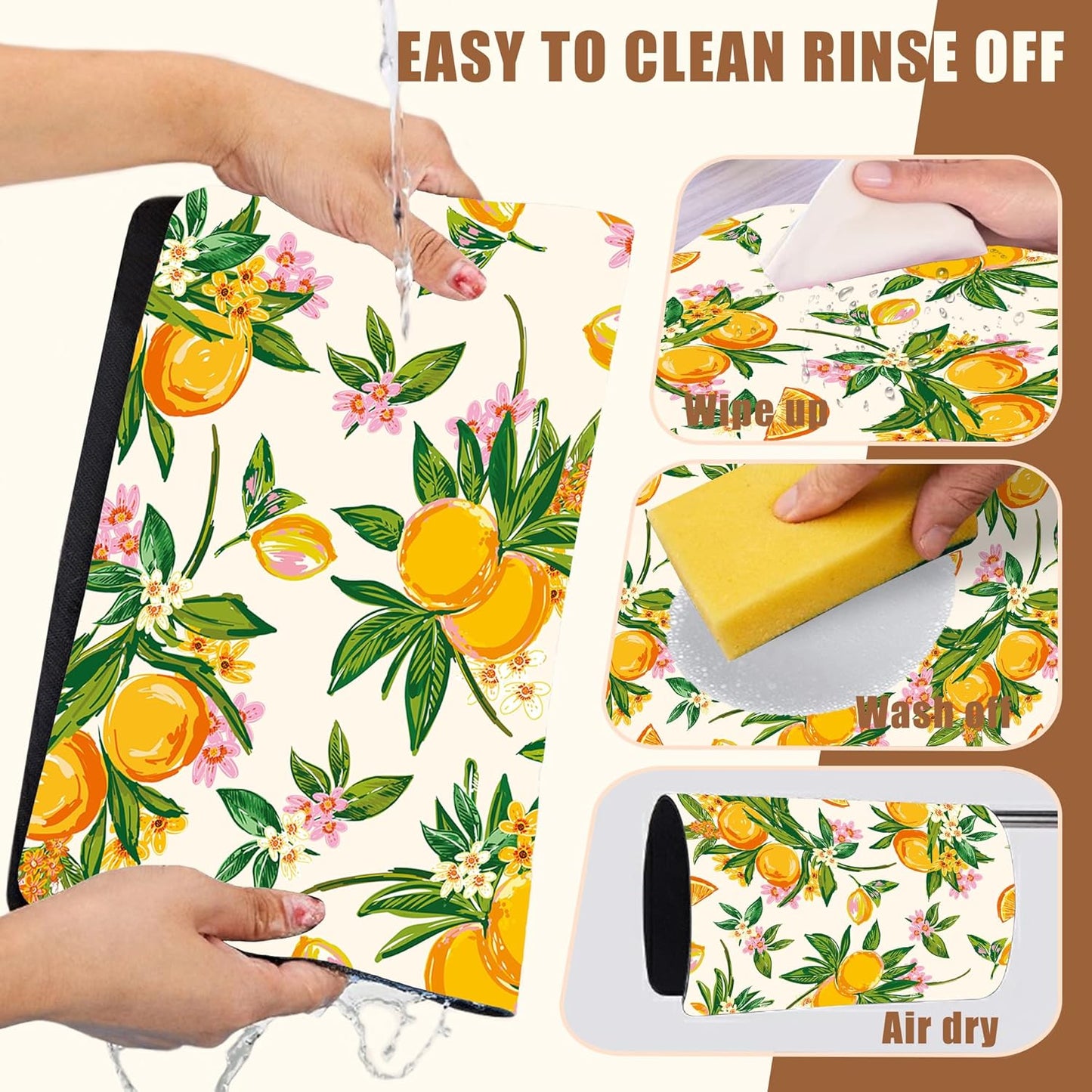 Dish Drying Mat Orange Fruit Floral Coffee Bar Mat for Countertop Absorbent Hide Stain Rubber Backed Dish Drainer Rack Pad Espresso Machine Dining Room Decoration 11.8 x 19.7 Inch