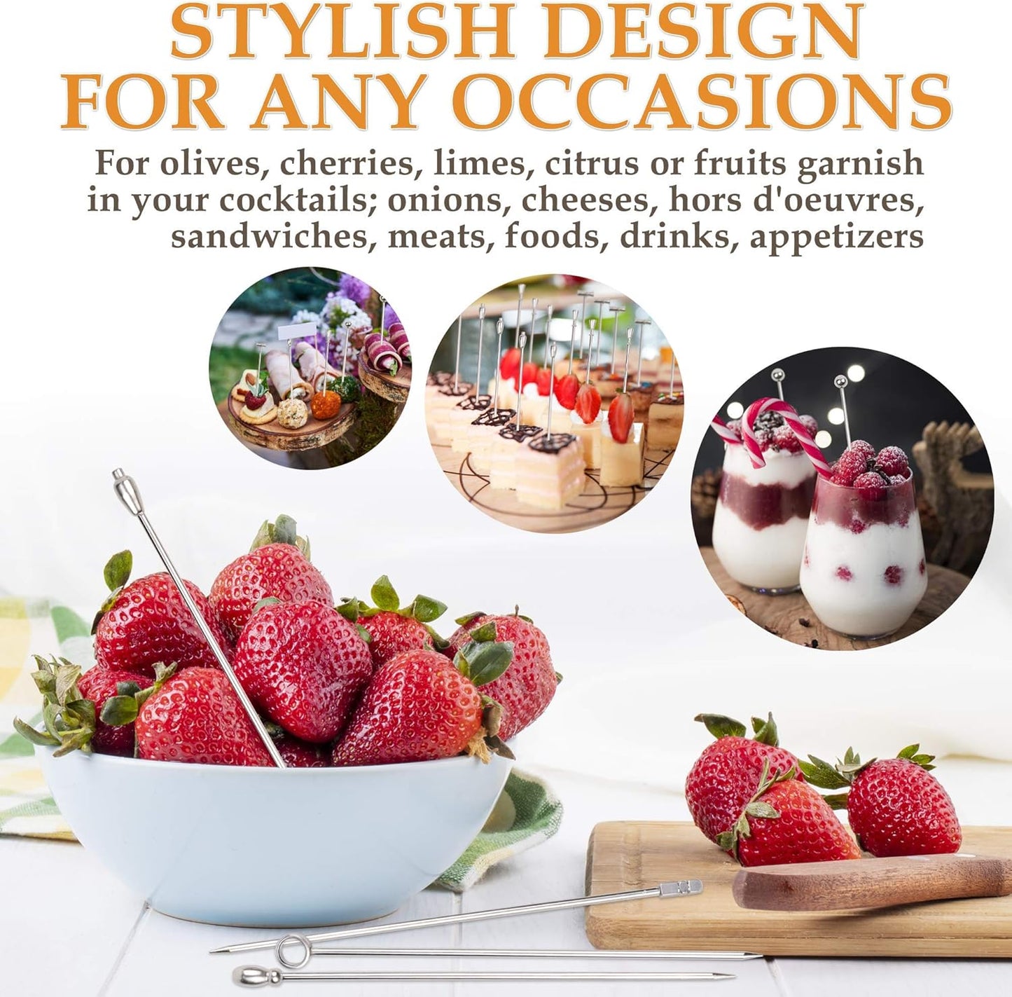 DEMIGO Cocktail Picks 16pcs, 8 New Styles Stainless Steel Reusable Olive Stuffers Martini Pick set Fruit Toothpick Garnish Skewers Appetizer Drink Stick for Bar party, Barbeque Snack, Club sandwiches