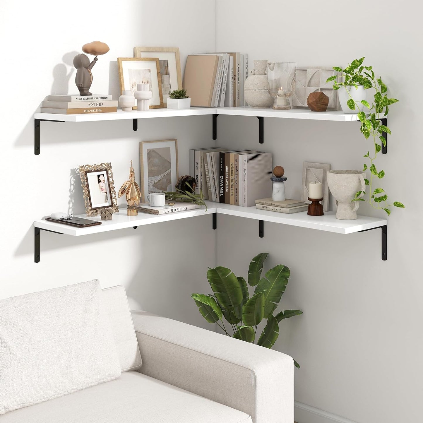 Fun Memories Deep Floating Shelves, 36W x 8D Floating Shelves Set of 2, Wall Mounted Shelf with Metal Brackets, Rustic Wood Wall Shelf for Bathroom, Kitchen and Living Room, White