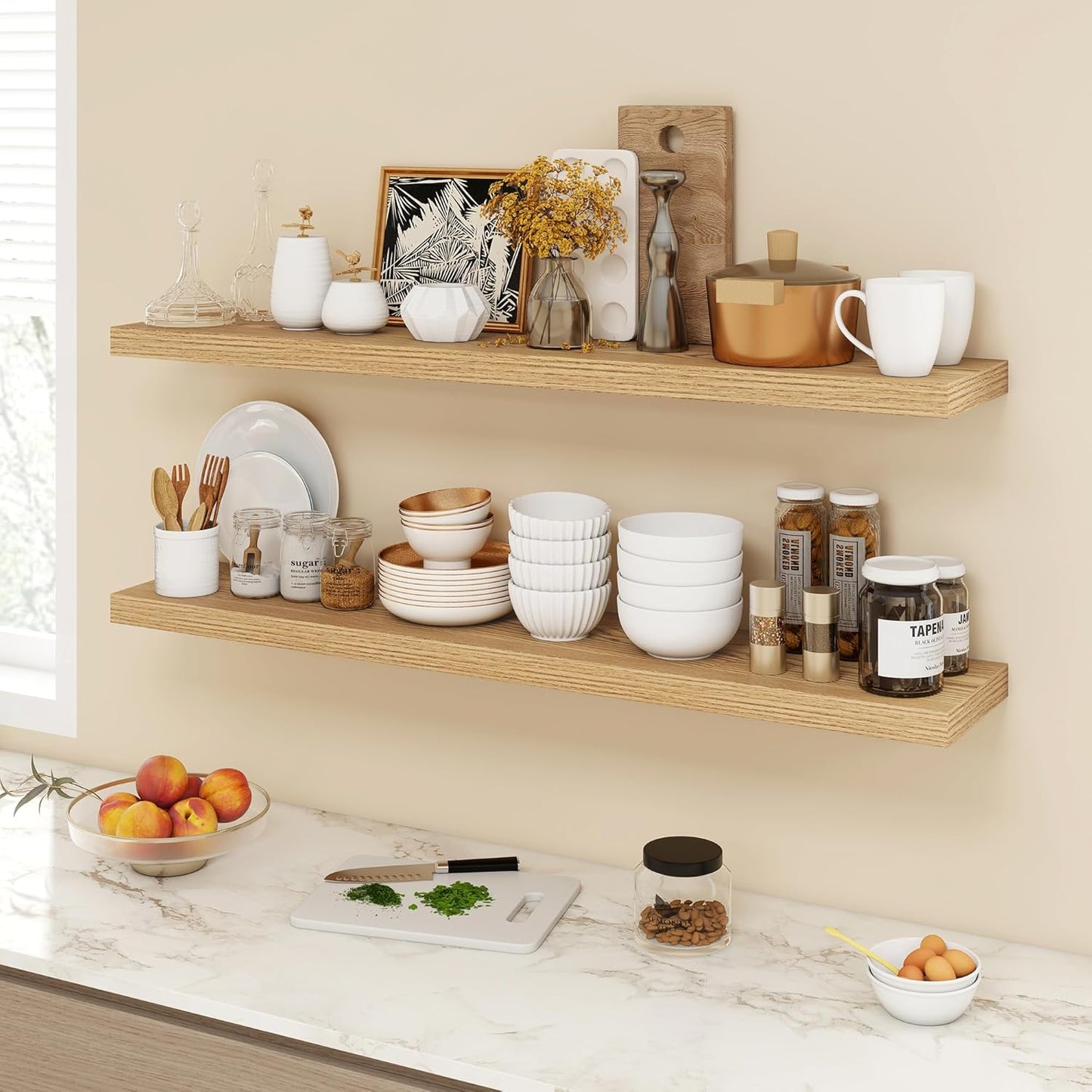 48 Inch Floating Shelves, 9.3" Deep Floating Shelf Wall Mounted, 48" Wall Shelves, Rustic Deep Bookshelf, Large Display Shelves & Storage Shelves for Bedroom, Living Room, Light Brown, Set of 1