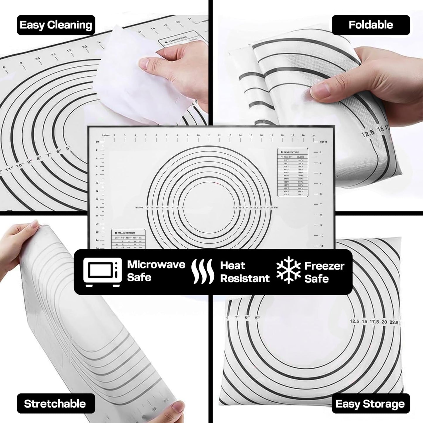 17" Stainless Steel Rolling Pin with 4 Adjustable Thickness Rings and Baking Mat for Dough, Pizza, Pies, Pastries, Pasta, Cookies (Black Mat)