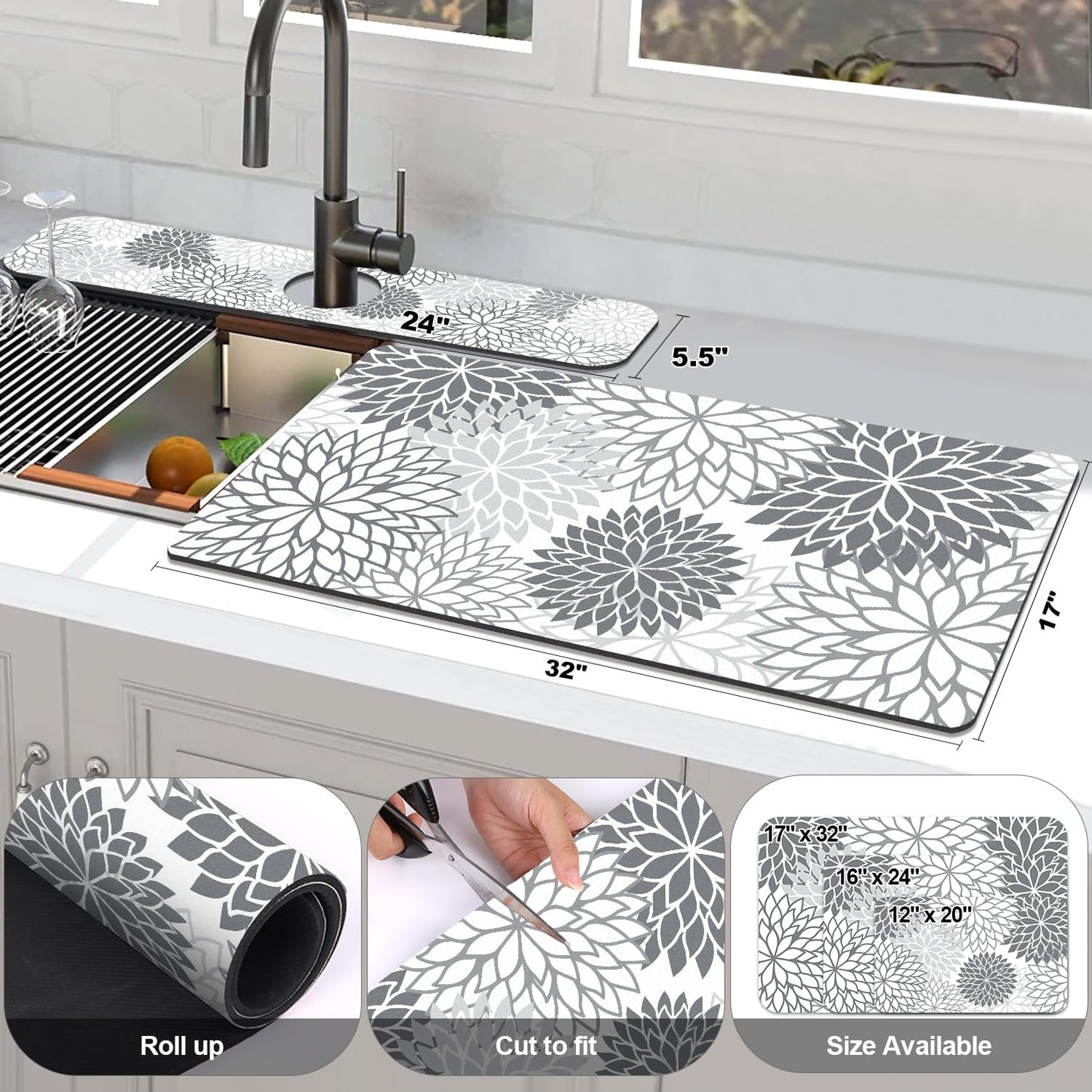 Findosom 2PCS 17" x 32" Dish Drying Mat & 24" x 5.5" Sink Splash Guard, Super Absorbent & Cuttable Dish Mat Drying Kitchen Mat with Gray Floral, Hide Stain Drying Mat for Kitchen Counter