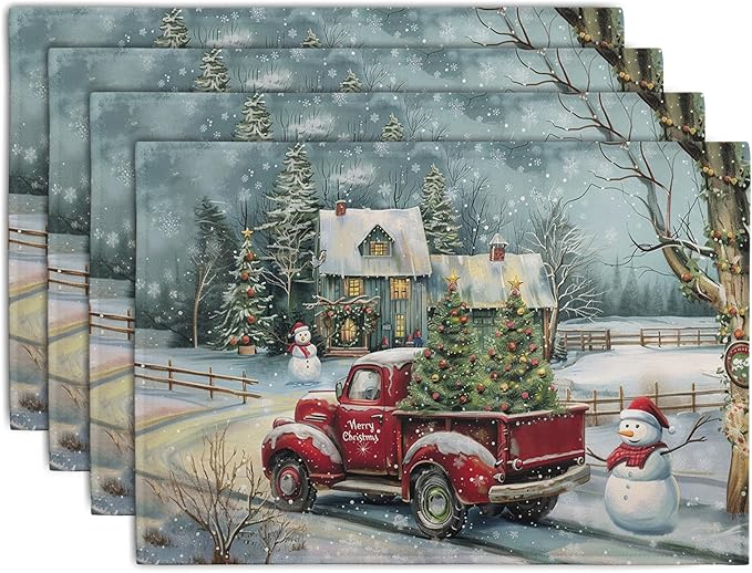 Red Truck Xmas Tree Snowman Christmas Placemats Set of 4 Winter Snowflake Vintage Farmhouse Rustic Place Mats 12x18 Inch Seasonal Christmas Holiday Washable Table Mats for Party Kitchen Dining Decor