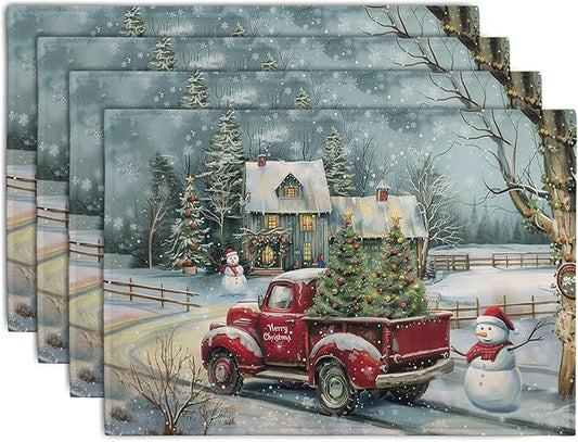 Red Truck Xmas Tree Snowman Christmas Placemats Set of 4 Winter Snowflake Vintage Farmhouse Rustic Place Mats 12x18 Inch Seasonal Christmas Holiday Washable Table Mats for Party Kitchen Dining Decor