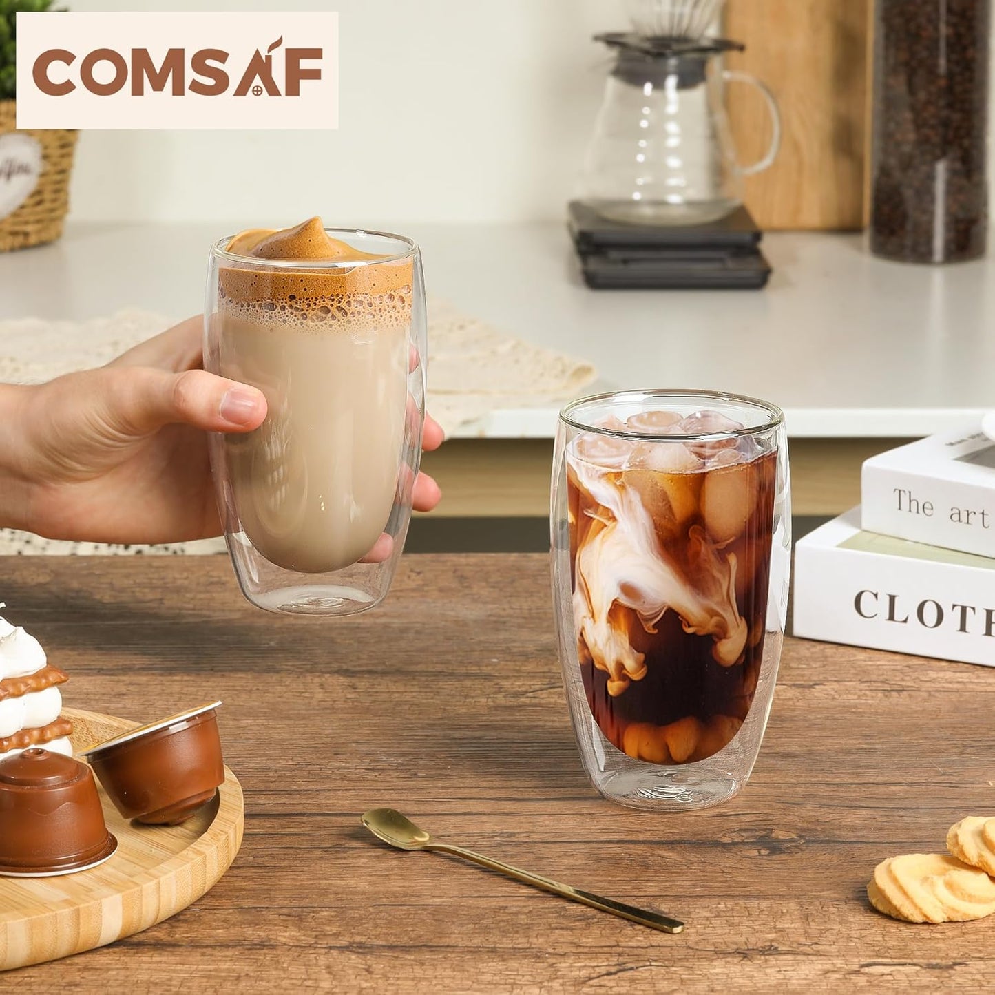 ComSaf 15oz Double Wall Glass Coffee Mugs, Insulated Latte Cups Set of 2, for Coffee, Espresso, Tea, Milk, Clear Cappuccino Cups Set Glassware Gift for Christmas Birthday
