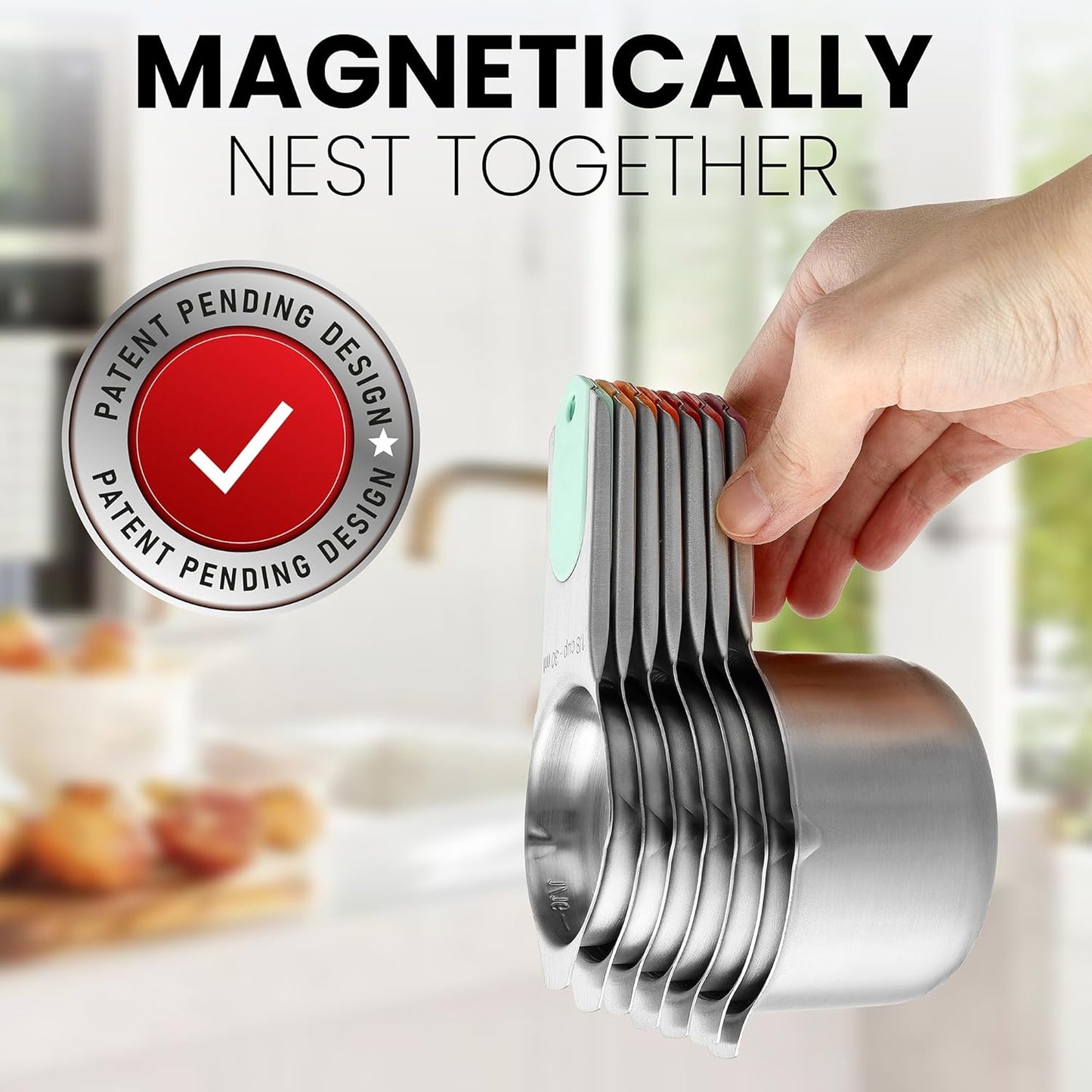 Spring Chef Magnetic Stainless Steel Measuring Cups (Patent Pending), Kitchen Tools with Easy to Read Markings for Measuring Dry or Liquid Ingredients, Set of 7, Desert Sunset