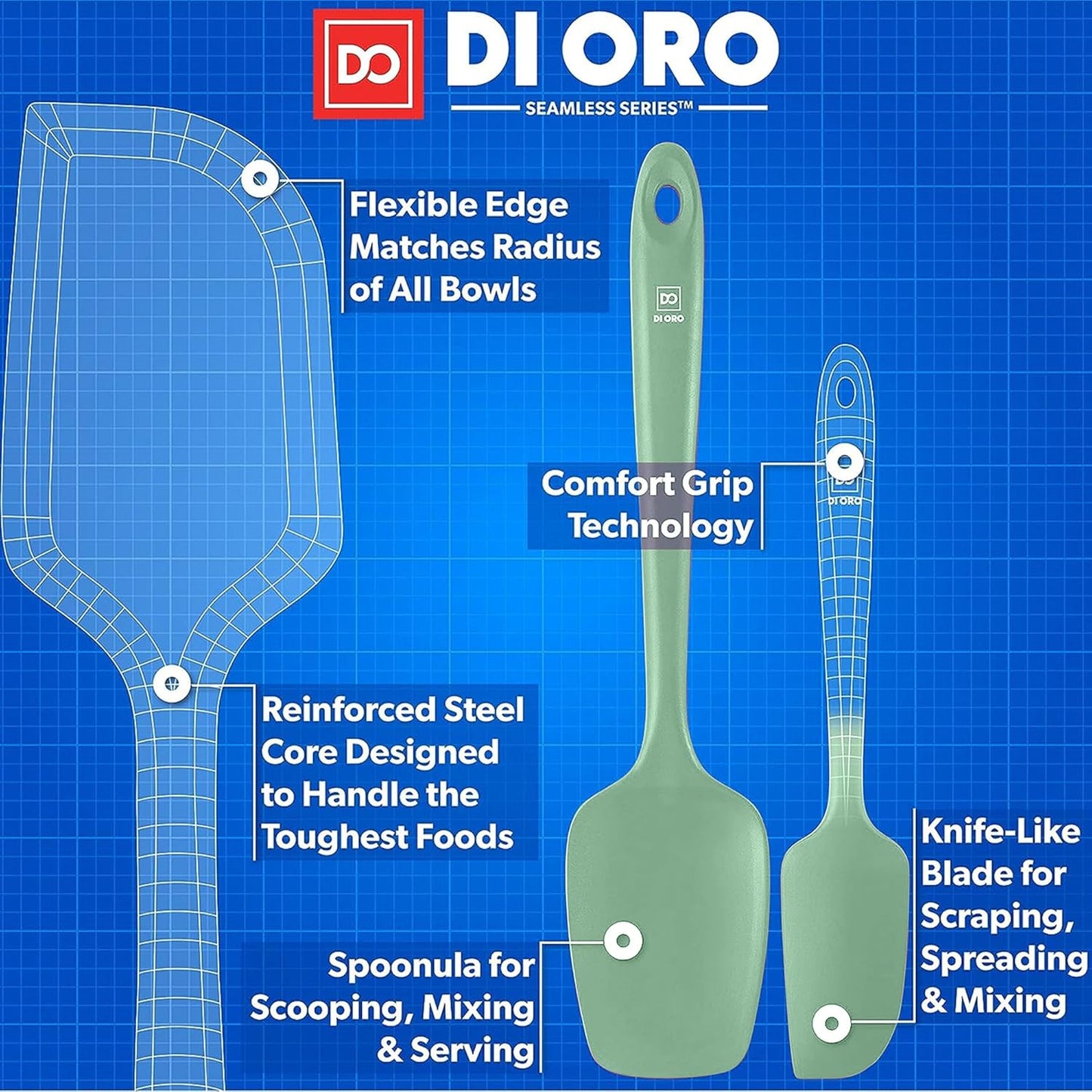DI ORO Silicone Spatula Set - Rubber Kitchen Spatulas for Baking, Cooking, & Mixing - 600°F Heat-Resistant & BPA Free Silicone Scraper Spatulas for Nonstick Cookware - Dishwasher Safe (4pc, Sage)