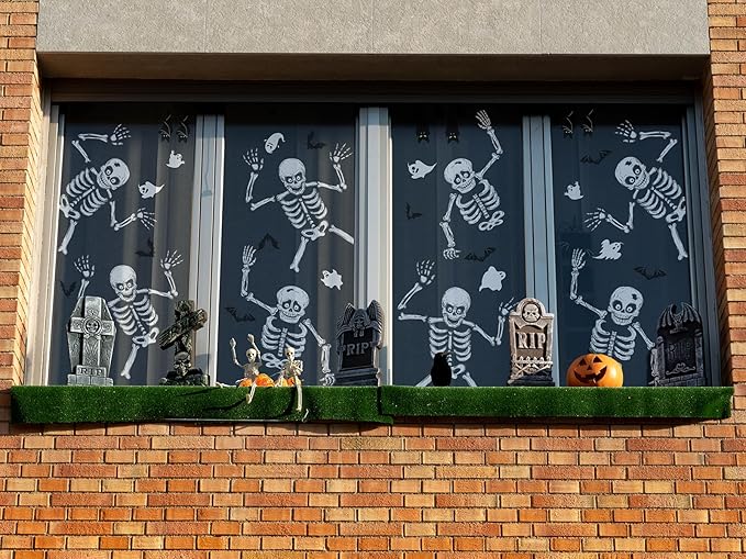 Halloween Window Skeleton Clings – 8 Sheets of Extra Large Cute and Scary Skeletons, Ghosts, and Bats for Home, School, Car Windows, Office, and Party Decor