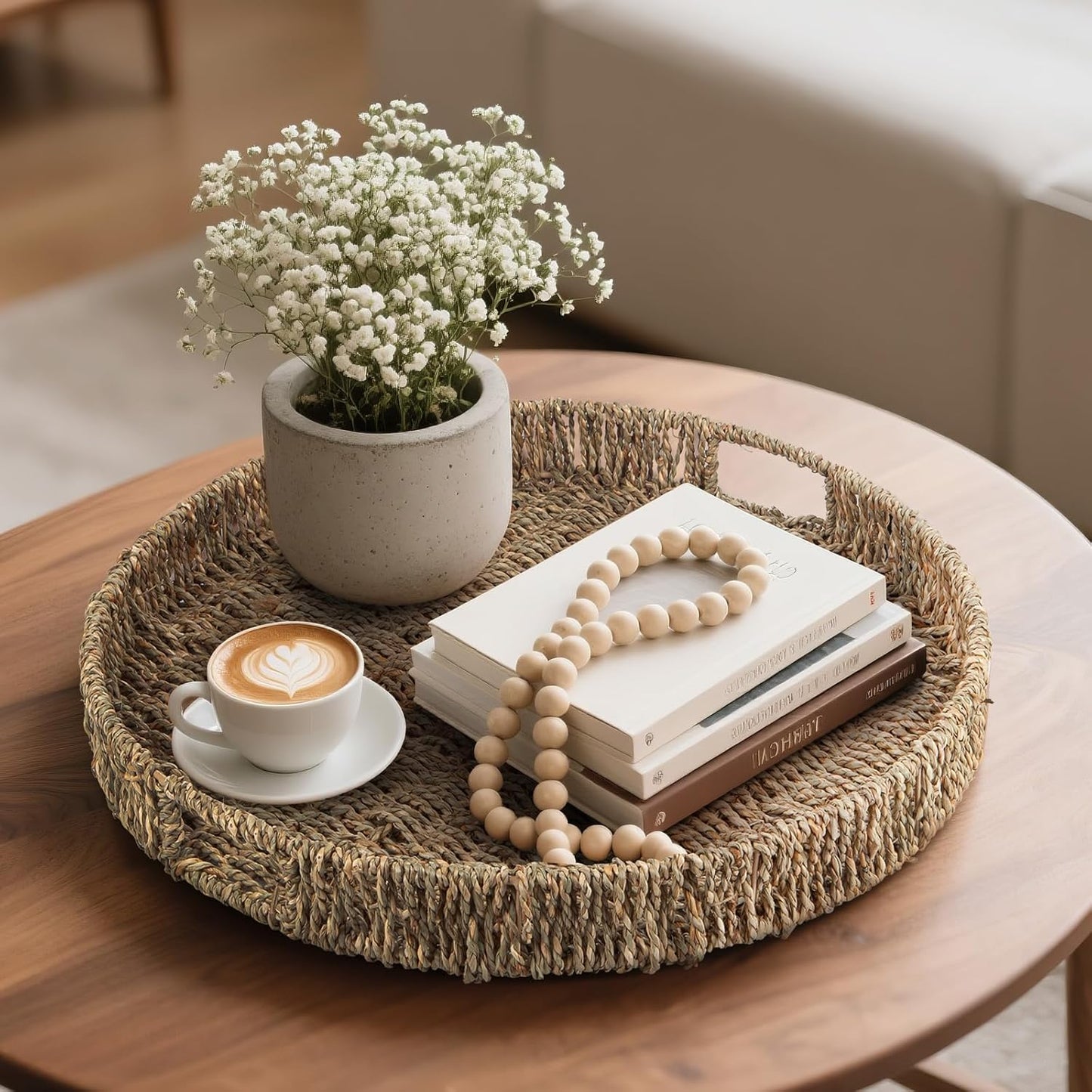 Round Ottoman Tray Large Wicker Serving Tray with Handles for Coffee Table, 20 Inch Handwoven Natural Seagrass Tray