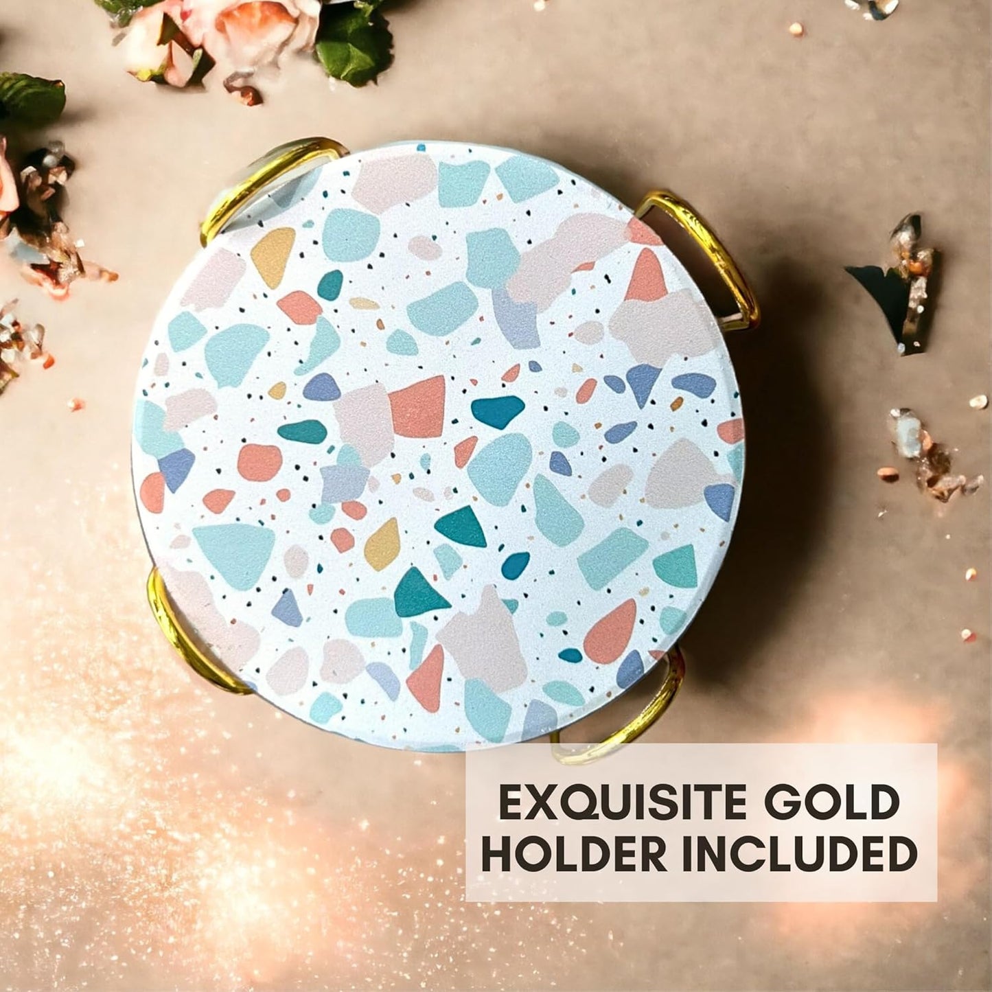 Terrazzo Drink Absorbent Coasters with Holder Set of 6, Ceramic Coaster for Drinks, Coffee Table Decor, Water Absorbing Stone Coaster for Drinks (Pastel)