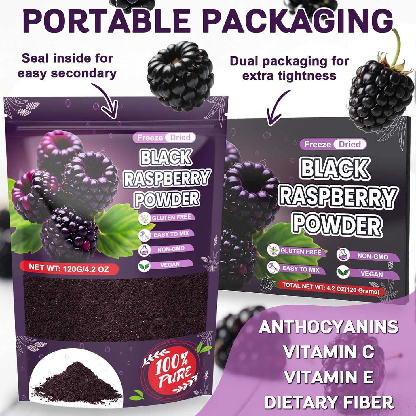 Freeze Dried Balck Raspberry Powder - 100% Black Raspberry Extract Fruit Powder for Smoothies, Made from Whole Raspberries No Additive Natural Food Coloring for Baking, Cake Decoration - 4oz