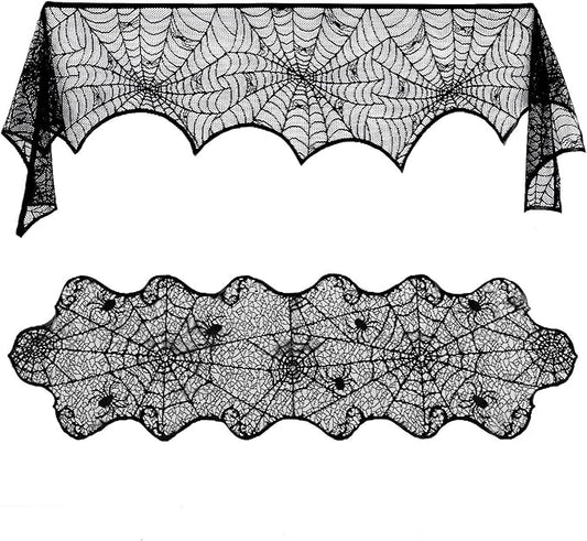 Lulu Home Halloween Fireplace Decorations, Fireplace Mantle Scarf Cover and Table Cloth, Black Lace Spider Web for Table, Door, Window and Fireplace Decoration, Halloween Decoration