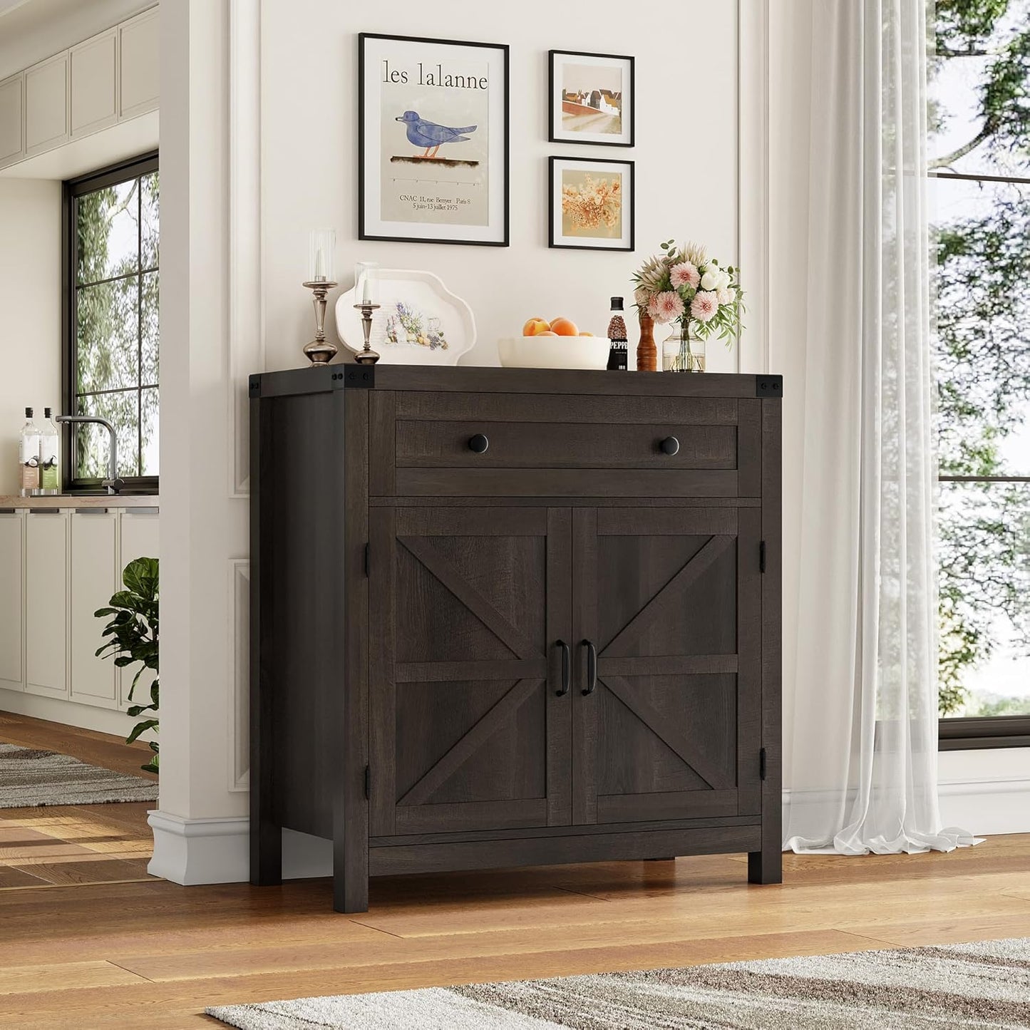 HOSTACK Coffee Bar Cabinet, Kitchen Storage Cabinet, Modern Farmhouse Buffet Sideboard with Drawer and Adjustable Shelf, Barn Door Accent Cabinets for Kitchen, Dining Room, Entryway, Dark Brown