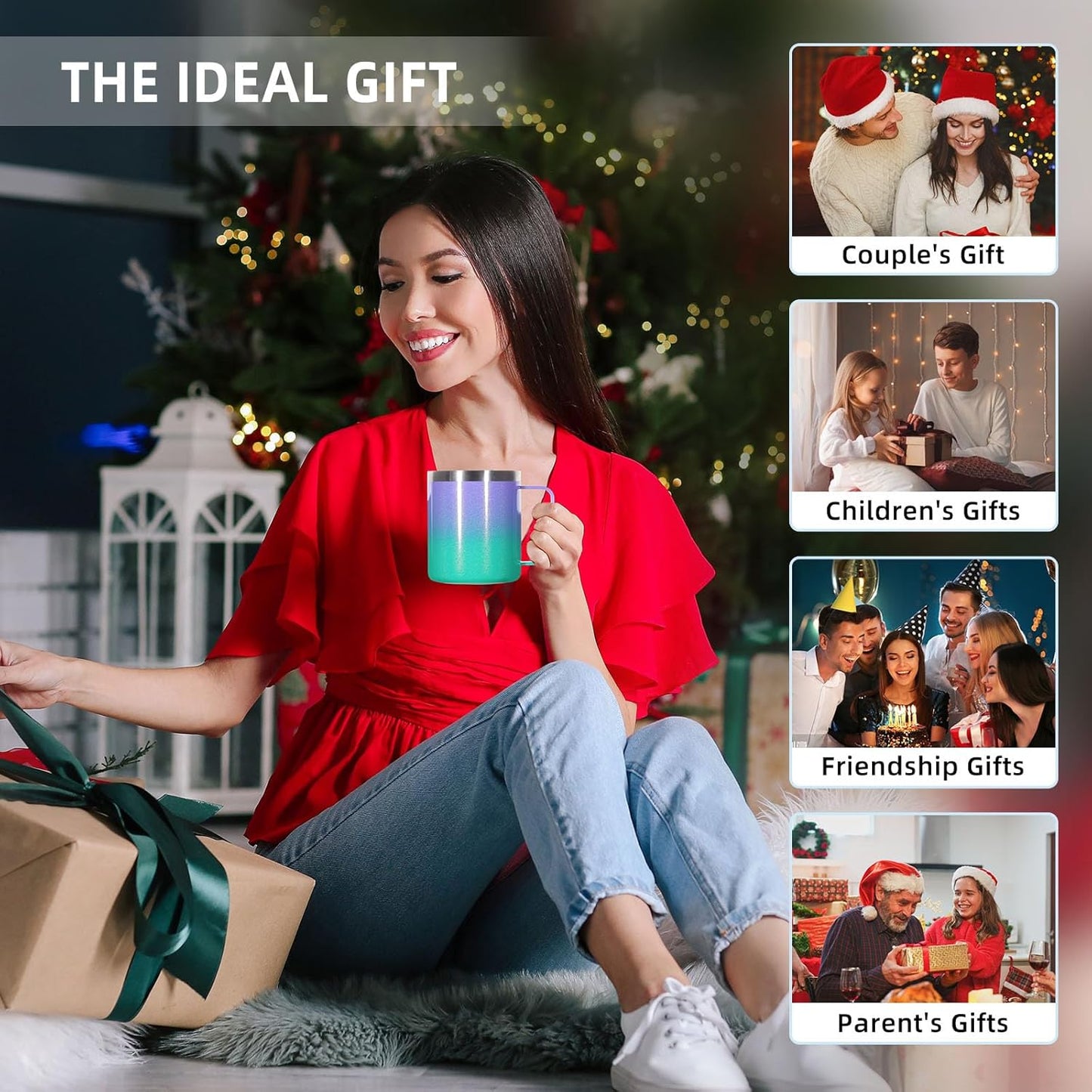 Volhoply 14oz Insulated Stainless Steel Coffee Mug with Lid Bulk 2 Pack,Double Wall Vacuum Travel Coffee Cup with Handle,Reusable Cups Tumbler,Camping Mugs Keep Hot,Ideal Gifts(Purple Green,2)