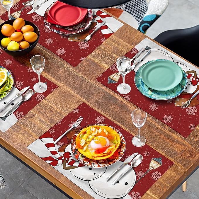 Red Snowman Snowflake Christmas Placemats Set of 4 Seasonal Winter Linen Table Mats 12x18 Inch Xmas Holiday Snow Farmhouse Rustic Washable Place Mat for Party Kitchen Dining Outdoor Indoor Decor