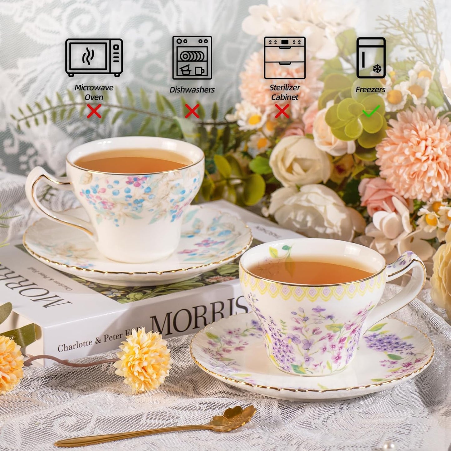 KAMMAK Tea Cups and Saucers Set of 2, Reinforced Porcelain Coffee Cups, 7.4-Ounce Stackable Espresso Mugs, Ceramic Demitasse for Coffee, Cappuccino, Latte, Americano, Tea, Lilac + Colorful