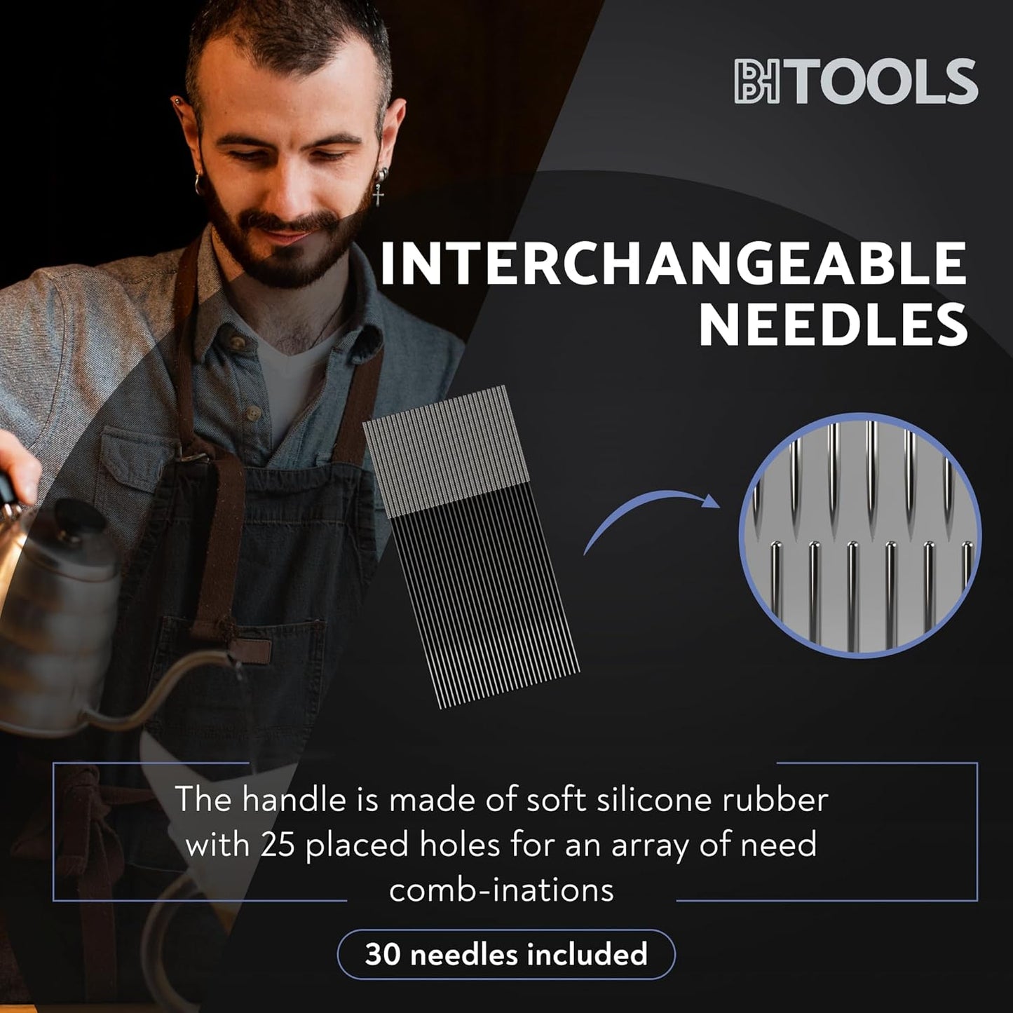 Barista Hustle WDT Espresso Distribution Tool, Coffee Distributor for Barista, 25 Needle Comb with Black Silicone Handle, 501 Stainless Steel for Precise Coffee Distribution, 30 Needles Included