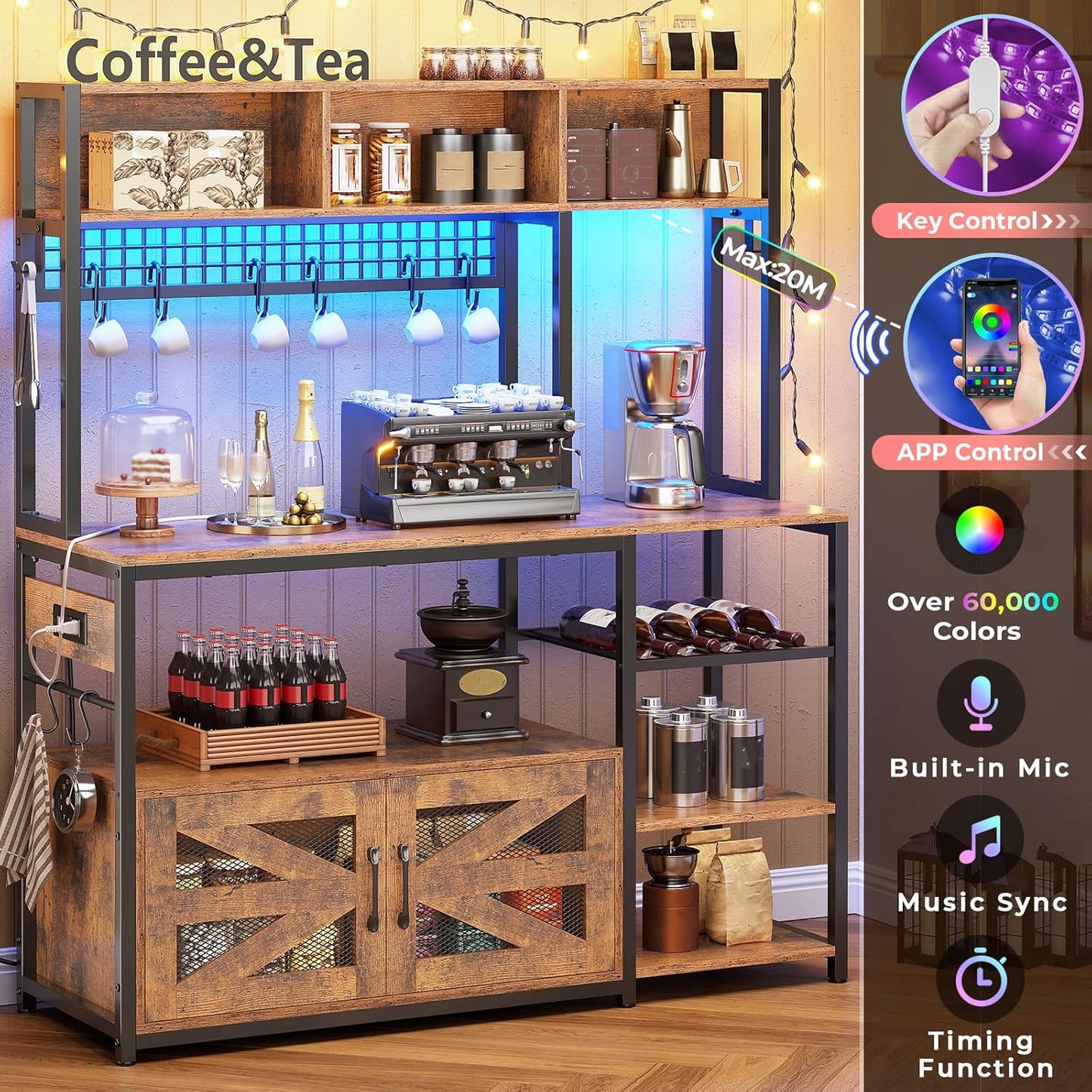 Itaar 47.2 Inch Bakers Rack with Power Outlet, Microwave Stand with Storage, Farmhouse Coffee Bar Cabinet Station with Wine Rack, Iron Mesh and 8-S Hooks (Rustic Brown)