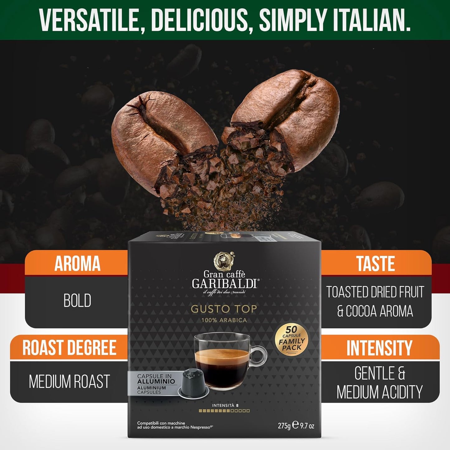 Gran Caffè Garibaldi Espresso Pods, Italian Roasted Compatible Nespresso Original Line Machines, 100% Arabica Blend, Brazilian & Central American Beans, Cocoa Aroma - Gusto Top (Aluminum) 200 Cups
