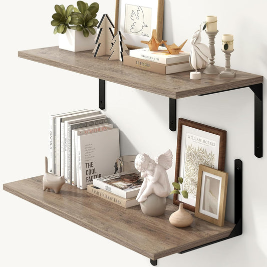 Fun Memories Floating Shelves for Wall, 12 Inch Deep Floating Shelves Set of 2, Wall Mounted Shelf with Metal Brackets, Rustic Wood Wide Shelf for Bathroom, Kitchen and Living Room, Grey, 32W x 12D