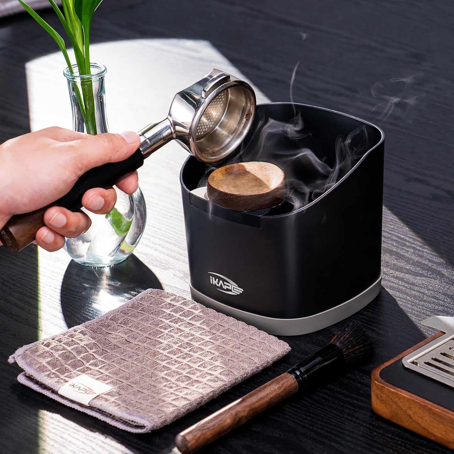 IKAPE Espresso Kit 3 IN 1, Espresso Knock Box, Cleaning Towel & Brush for Barista-Grade Maintenance - Black Espresso Machine Coffee Puck Disposal Box