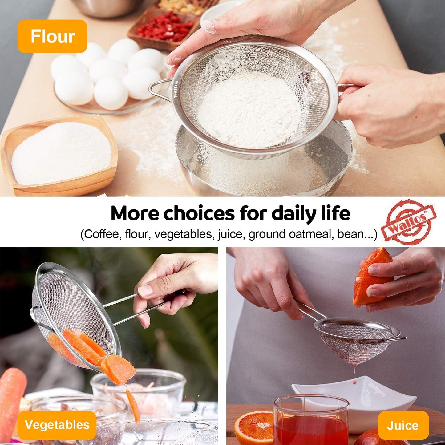 Walfos 6.3 Inch Fine Mesh Strainer, Premium Stainless Steel Sieve and Sifter with Handle, Kitchen Metal Strainers for Rice, Quinoa, Fruits, Noodles, Flour