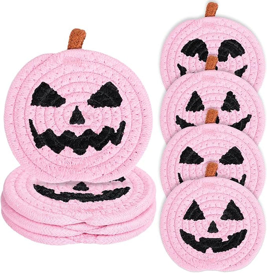 Whaline Halloween Pumpkin Cotton Coasters Pink Pumpkin Face Handmade Braided Drink Coasters Absorbent Cup Mats for Trick or Treat Party Home Table Decor, Set of 4