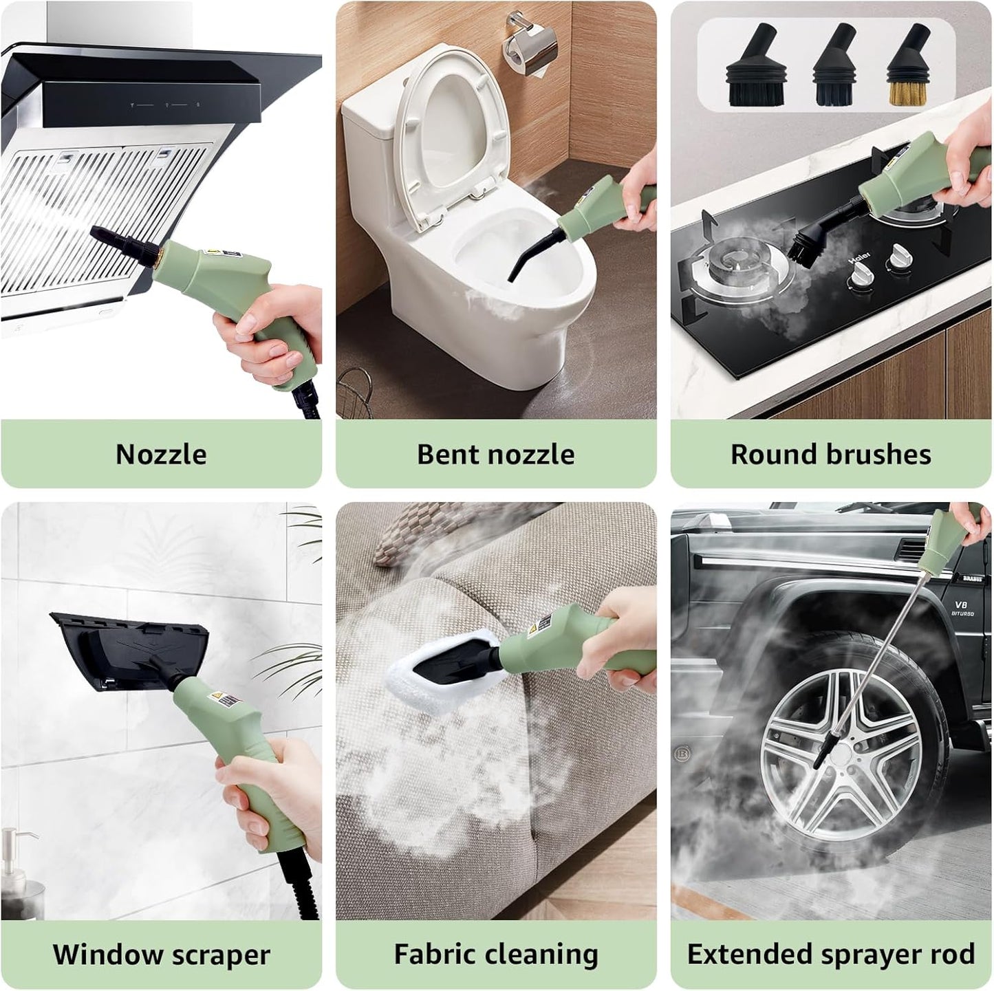 Steam Cleaner, 2500W High Pressure Steam Cleaner for Home, 15s Fast Heat-Up，1.1L Tank, 6-Level Adjustable steamer for cleaning Car Detailing, Grout Tile, Couch, Floor Cleaning (Green 2)