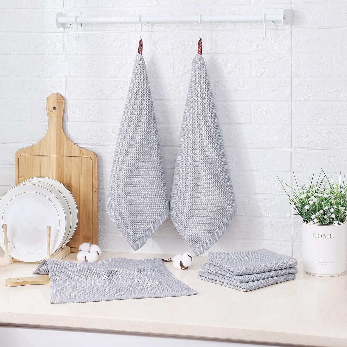 Kitinjoy 100% Cotton Kitchen Dish Cloths, 8 Pack Waffle Weave Ultra Soft Absorbent Dish Towels for Drying Dishes Quick Drying Kitchen Towels Dish Rags, 12 X 12Inch, Light Grey