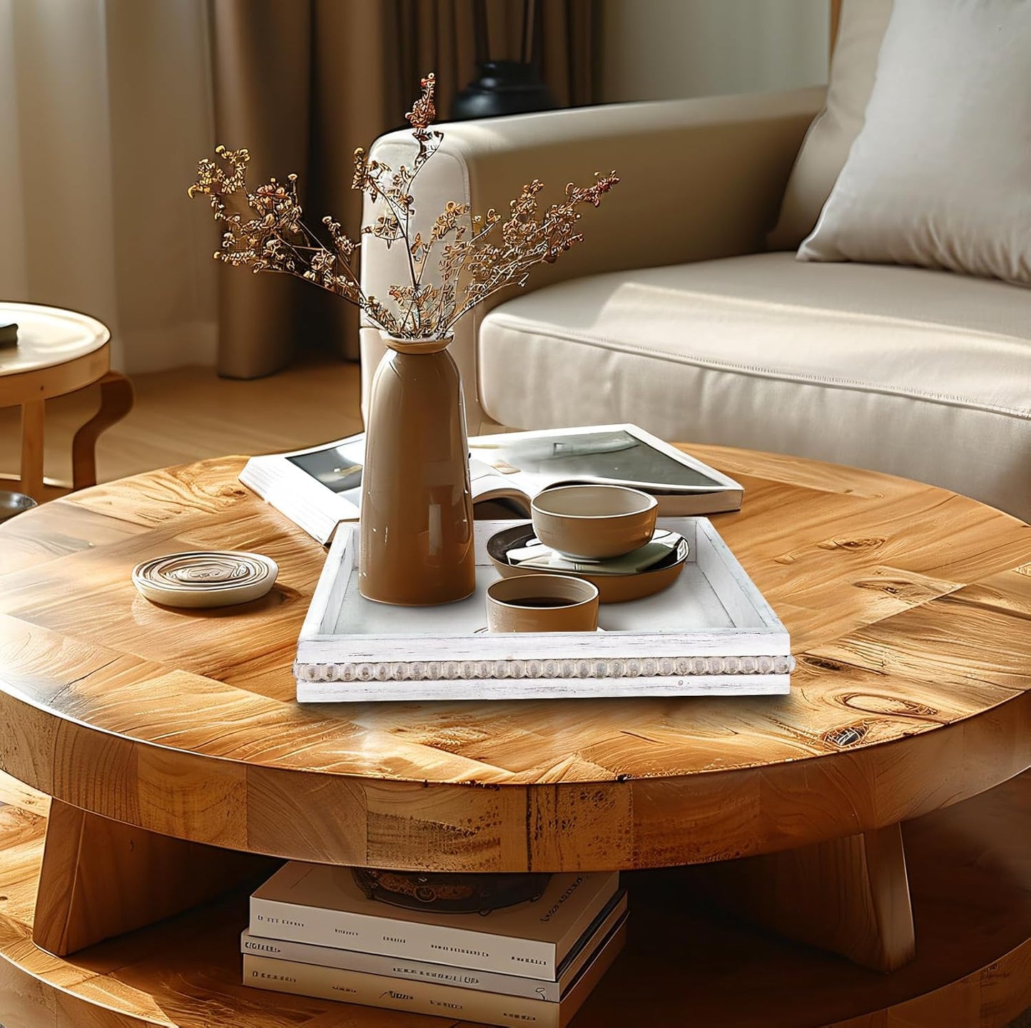 MAONAME Wood Serving Tray, Farmhouse Wooden Tray for Coffee Table, Rustic Square Trays with Beads, Vintage White Decorative Trays for Living Room, Kitchen, 12" X 12" X 1.6"