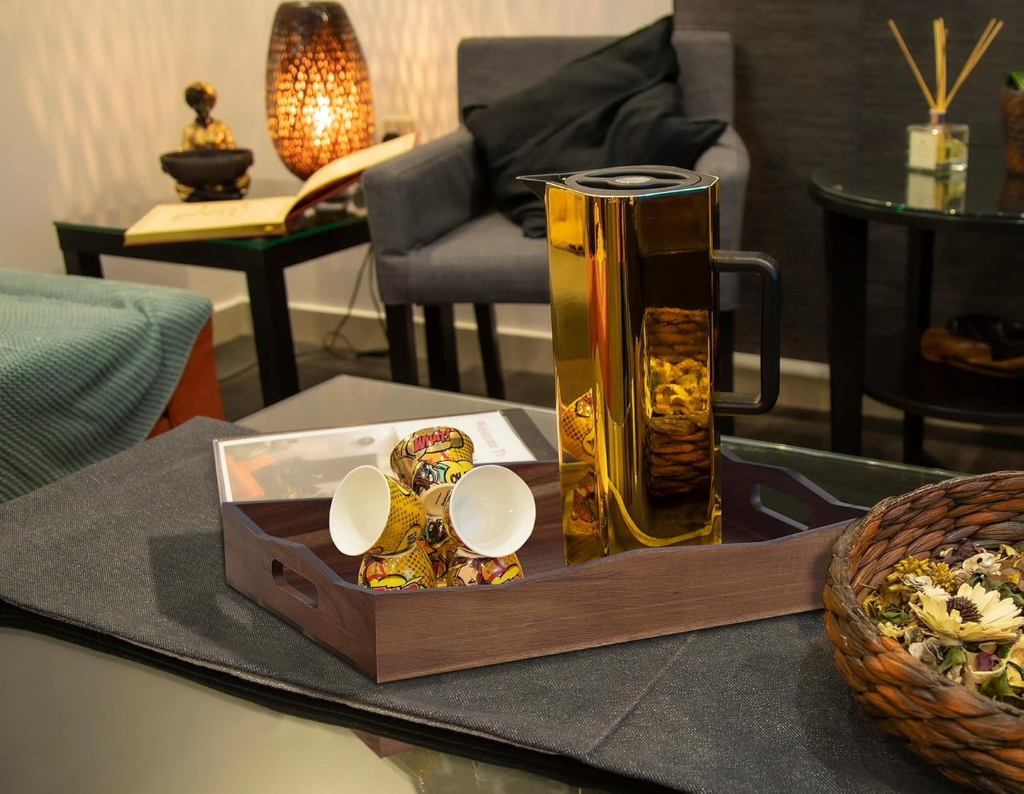 Acacia Wood Serving Tray with Handles,16.5x12.6inch Perfect for Breakfast, Lunch, Dinner, Food Snacks Drinks for Coffee Table,Decorative Ottoman Tray for Living Room Kitchen, Bedroom