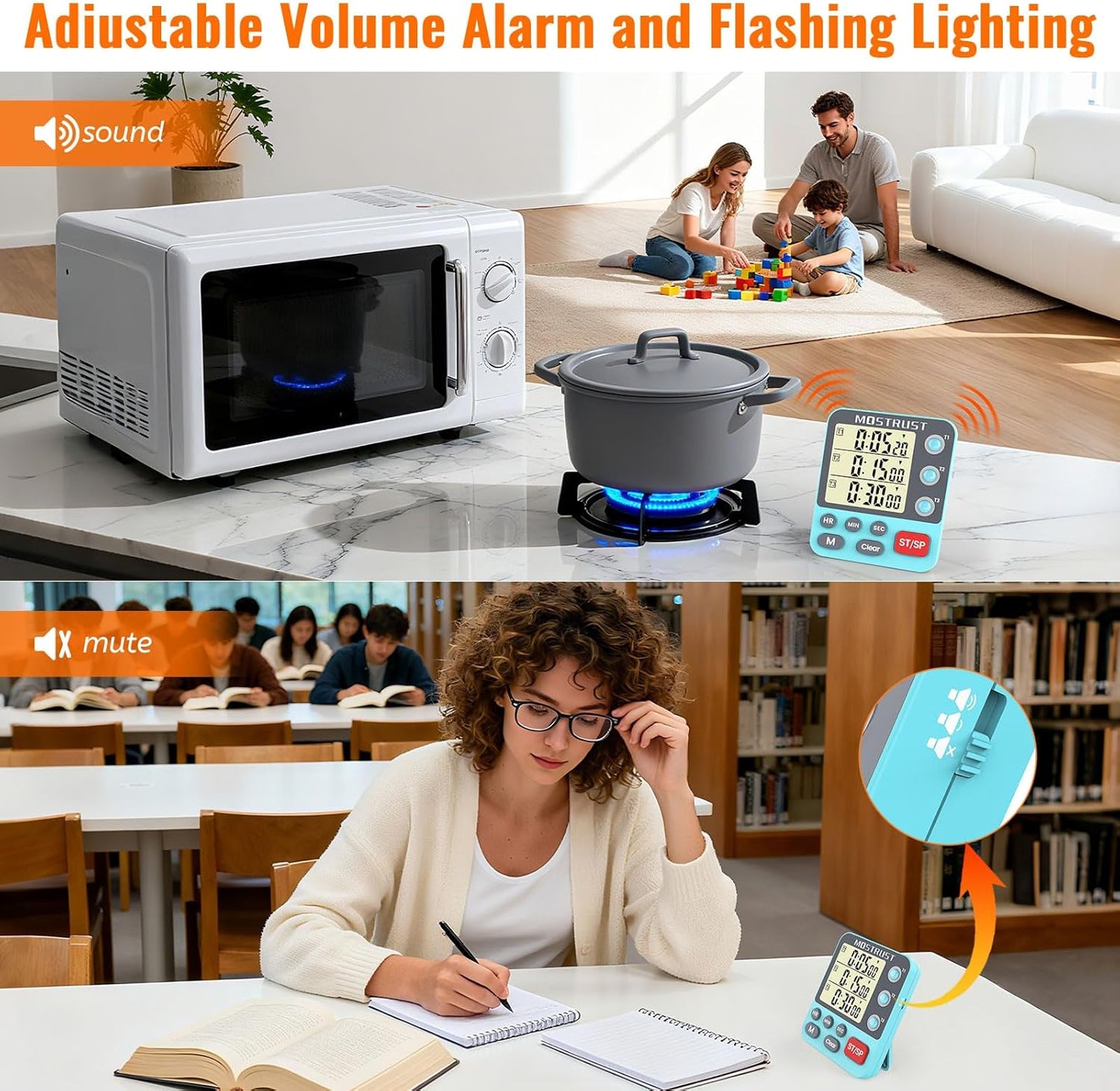 Digital Dual Kitchen Timer, 3 Channels Countdown Triple Timer for Cooking, Magnetic Memory-Preset Large-Display Adjustable Alarm Volume, Multi Times Management, 3A Battery Included, Blue