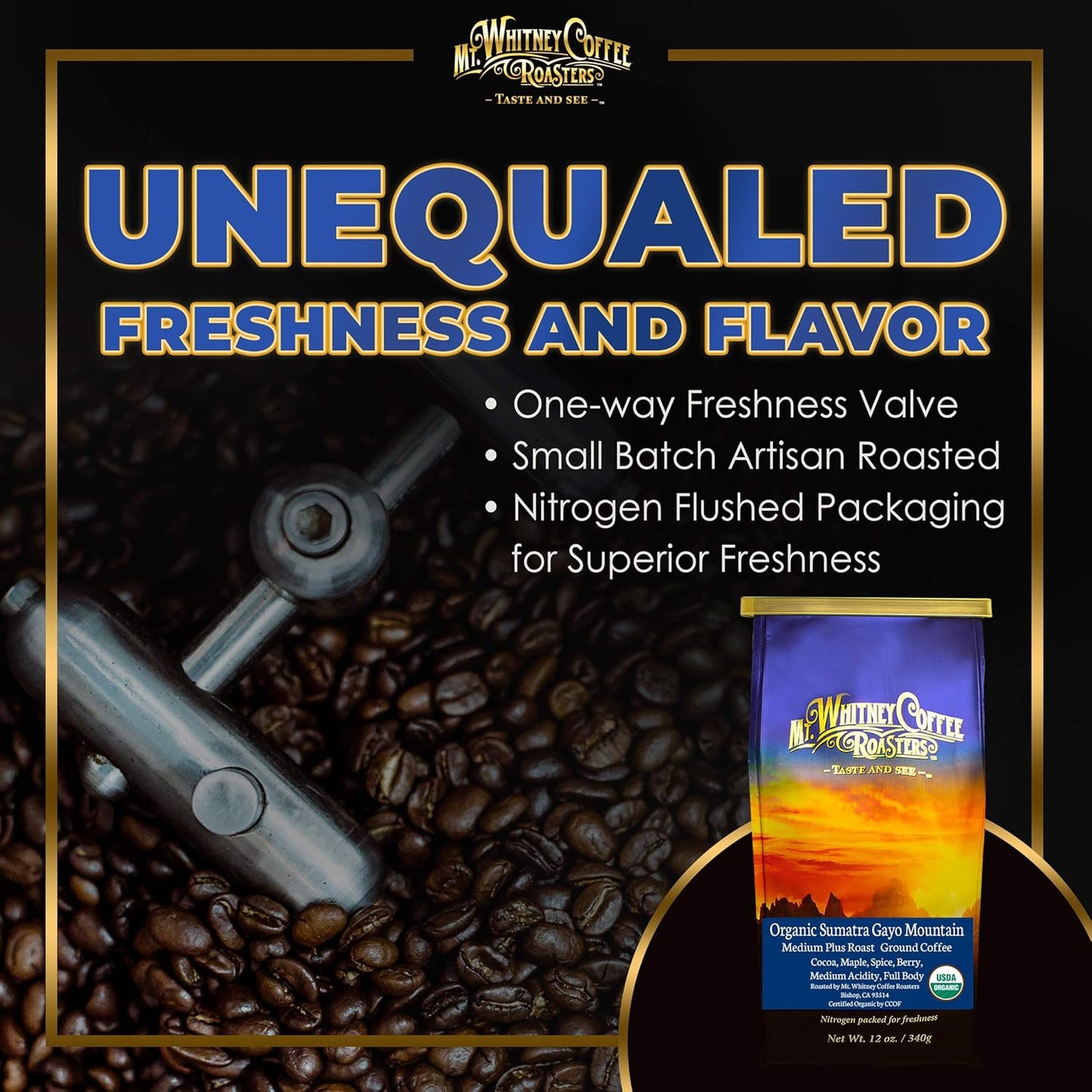 Mt. Whitney Organic Gayo Mountain Sumatra, Medium Dark Roast, Low Acid Coffee (Ground, 12 Oz)