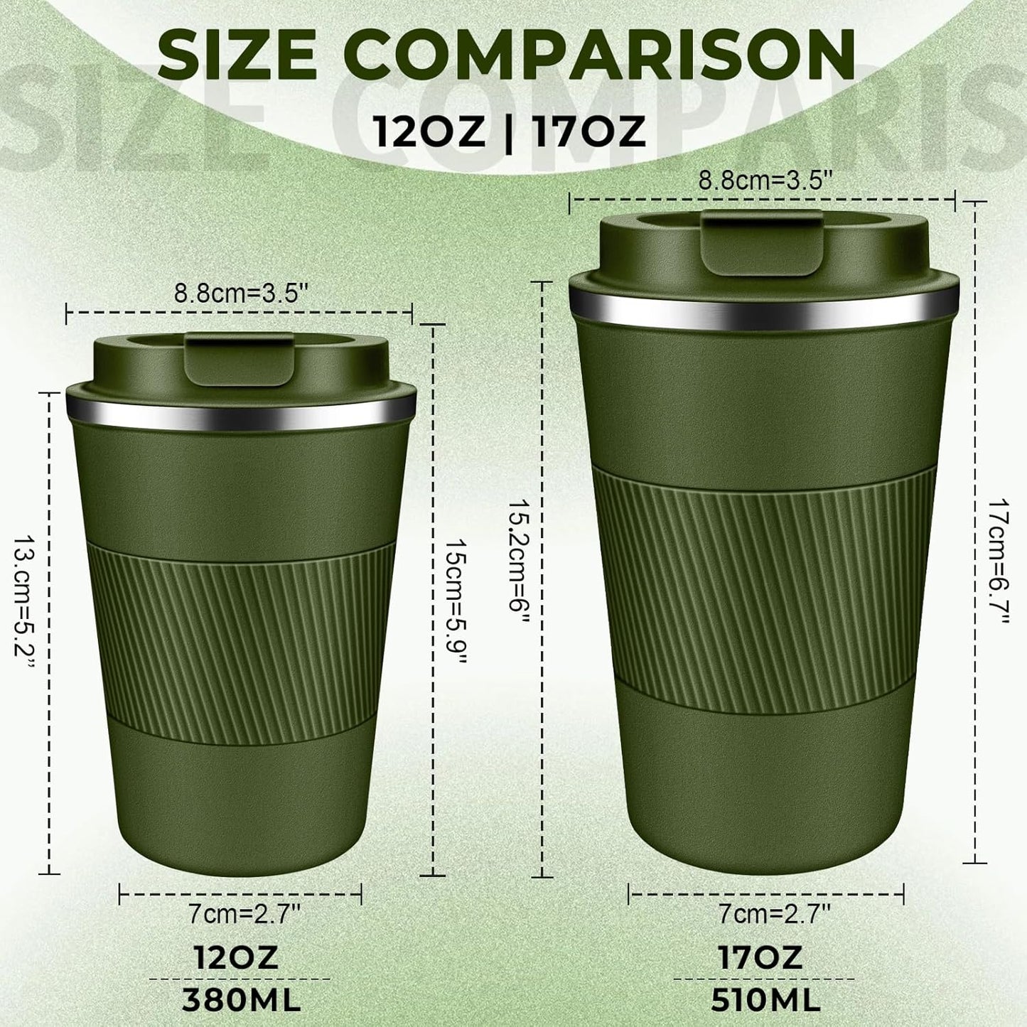Insulated Coffee Tumbler 17 oz, Stainless Steel Coffee Mug with Lids, Travel Coffee Mug Leak Proof, Double Wall Vacuum Insulated Reusable Coffee Cup, Keep Drinks Hot and Cold, Military Green, 17 Ounce