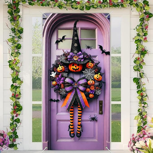 Halloween Witch Wreath Door Cover 71x35 Inch Holiday Front Porch Door Banners Decoration Purple Pumpkin Spider Web Bat Background Hanging Banner for Indoor Outdoor Spooky Party Decor
