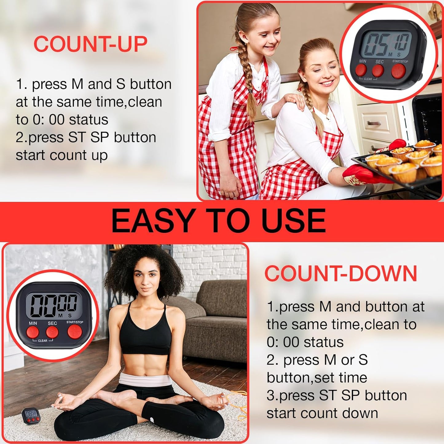 Leumoi 24 Pcs Digital Kitchen Timers Magnetic Back Timers Bulk Large Screen Loud Alarm On/Off Switch Minute Second Count up Countdown Memory Setting for Cooking Classroom Exercise(Black and Red)