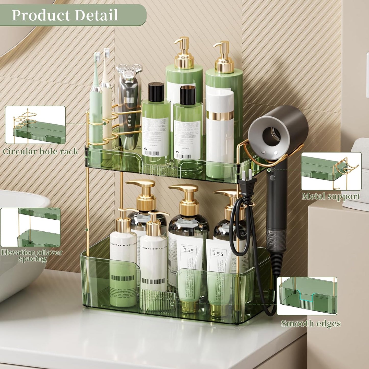YCIA&DONE Luxury Bathroom Counter Organizer, Large Makeup Organizer Countertop, Shelf Organizer, Vanity Tray, Easily Assemble for Bathroom Organizers and Storage, Undersink, Cabinet, 2 Tiers Green