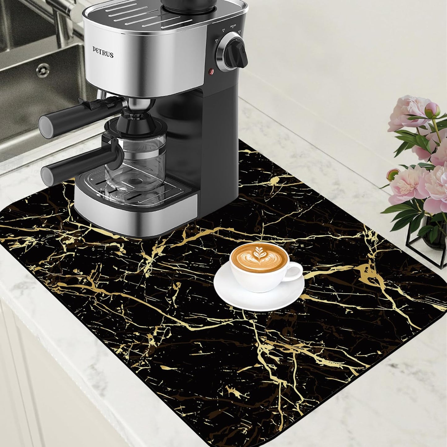 Dish Drying Mat Black and Gold Marble Coffee Bar Mat for Countertop - Absorbent, Rubber Backed, Hide Stain Dish Drainer Rack - Coffee Maker Pot Dining Room Decoration 15.7 x 23.6 Inch