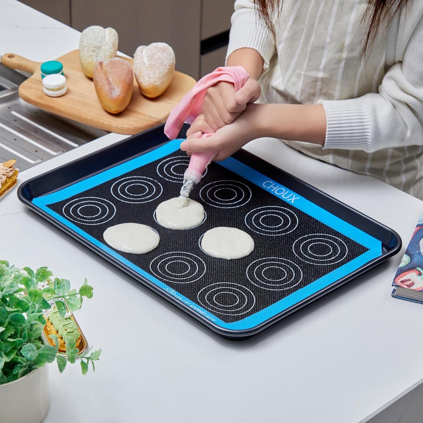 3PCs GUY DREAM Perforated Silicone Baking Mat 11-4/5" x 15-3/4" - 1 Choux Mat, 1 Eclair Mat and 1 Blank Mat for Baking Cookie- Steaming Mesh For Half Size Cooking Sheet- Non-Stick Reusable Oven Liner