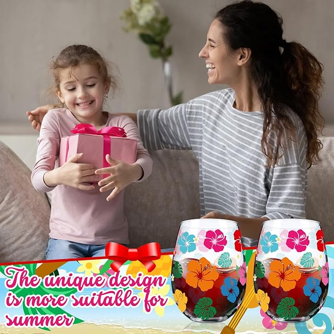 Sliner 2 Pack 17oz Summer Hawaiian Stemless Wine Glasses Aloha Stemless Wine Glass Luau Colorful Flowers Leaves Tumbler Cups for Hawaiian Tiki Party Supplies Birthday Gift
