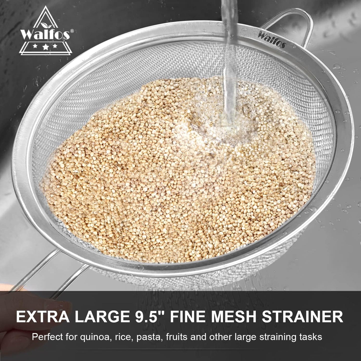 Walfos 9.5 Inch Large Fine Mesh Strainer, Stainless Steel 30 Mesh Sieve with Sturdy Handle, Kitchen Food Strainers Sifters for Rice, Quinoa, Pasta, Fruits, Vegetables, etc.