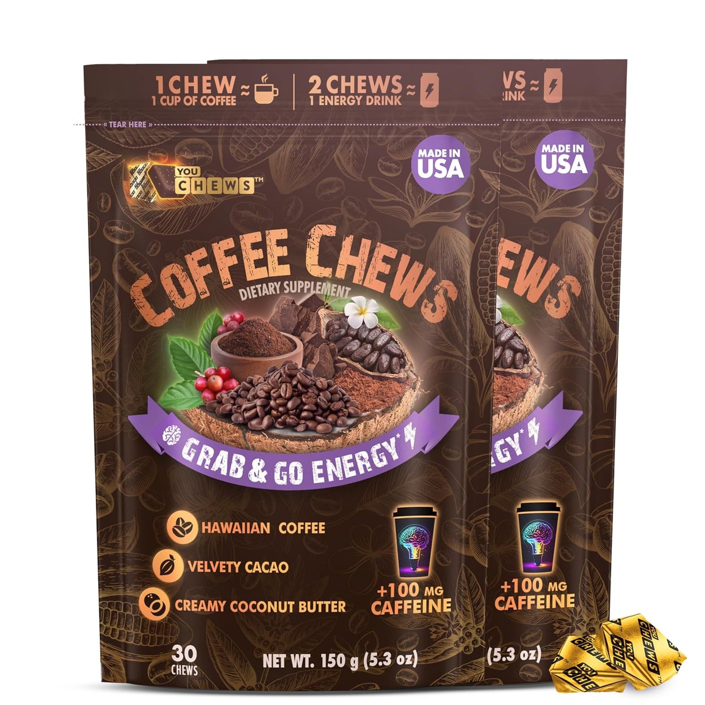 Coffee Chews - Grab & Go Energy with 100mg per Chew of Clean, Green Caffeine. with Real Organic Ingredients, Low Sugar, Great Bold Taste & Long Lasting Energy Boost (Pack of 2)