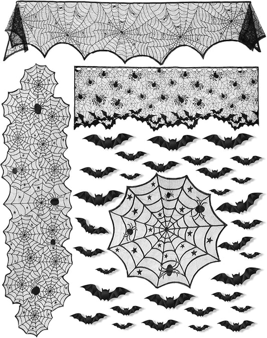 eZAKKA 5 Pack Halloween Decorations Indoor Halloween Spider Web Tablecloth Table Runners Fireplace Mantel Scarf Cobweb Lampshade Scary 3D Bats for Parties Gothic Spooky Home Decoration