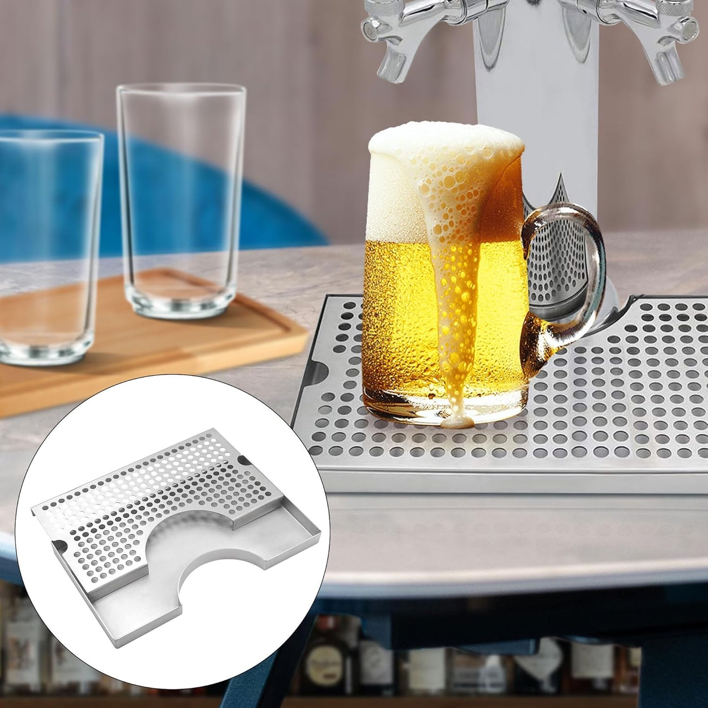 Kegerator Beer Drip Trays, Stainless Steel Keg Drip Tray with Non-Slip Rubber Pad, Premium Metal Beer Tower Drip Pan for Home Bar Mini Fridge without Drain