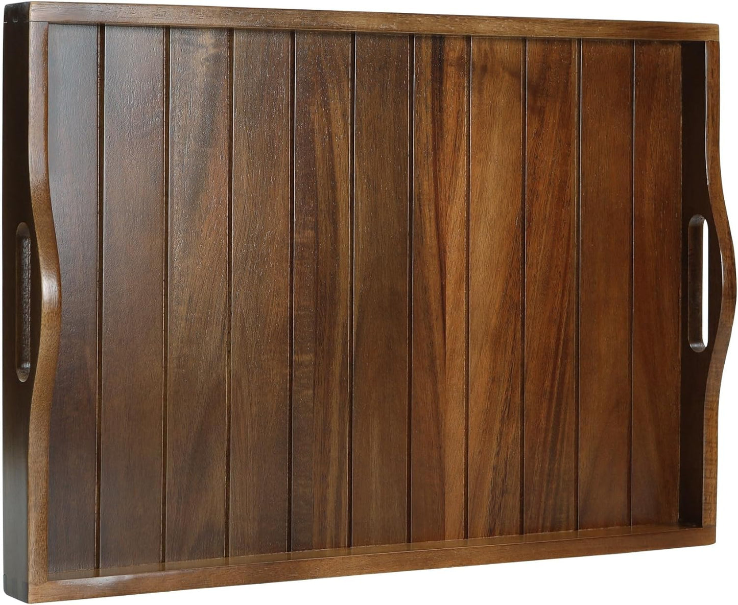 Large Acacia Wooden Serving Tray with Handles 20 x 14 inch Decorative Coffee Table Ottoman Tray for Living Room Extra Large for Kitchen Dinner Food Bar Breakfast in Bed (Color Brown)