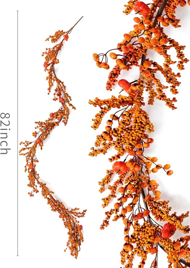 MISSPIN 6FT Pumpkin Berry Garland, Halloween Garland Fall Maple Leaf Artificial Hanging Autumn Vine Leaf Fall Decor Black Maple Fall Leaf Christmas Thanksgiving Halloween Home Decor