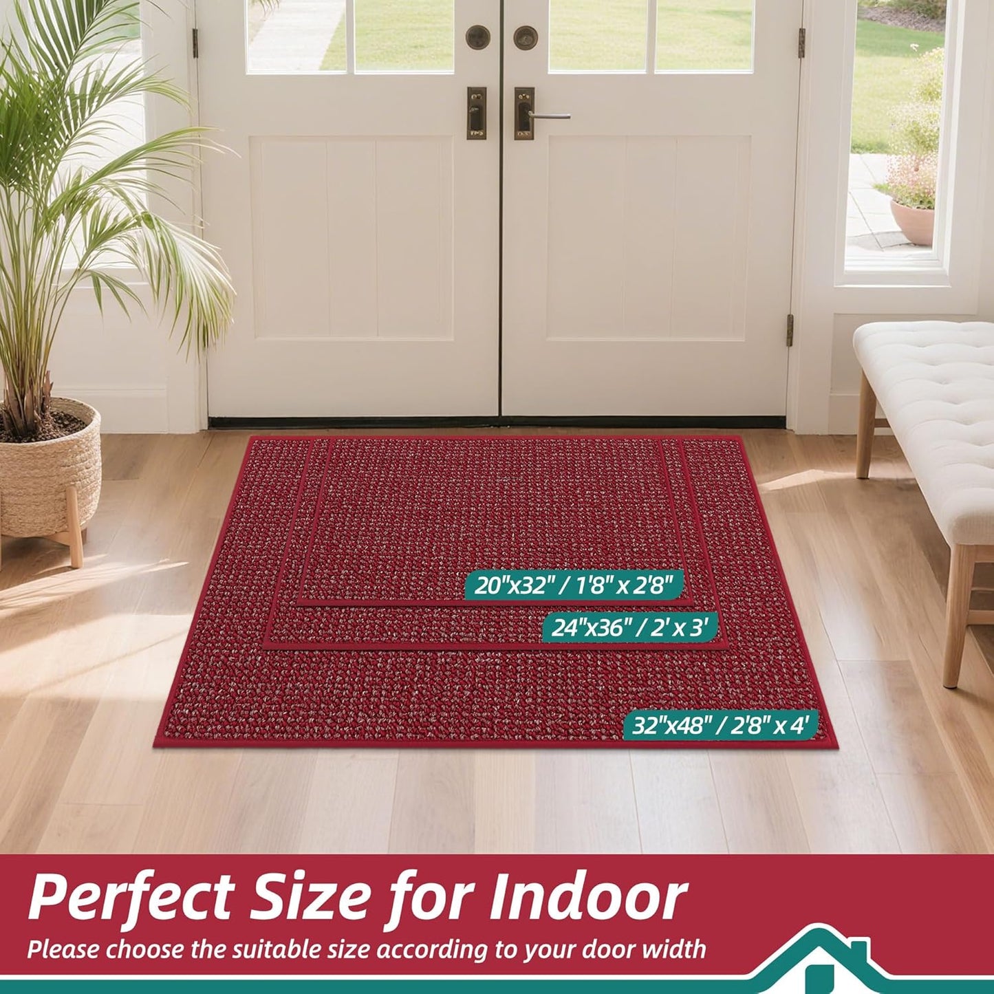 BEQHAUSE Dirt Trapper Door Mat 32" x 48", Non-Slip Washable Doormats Entrance Mat, Dirt Resistant and Absorbent Welcome Mat, Low Profile Floor Mats for Front Back Door and Entryway, Red