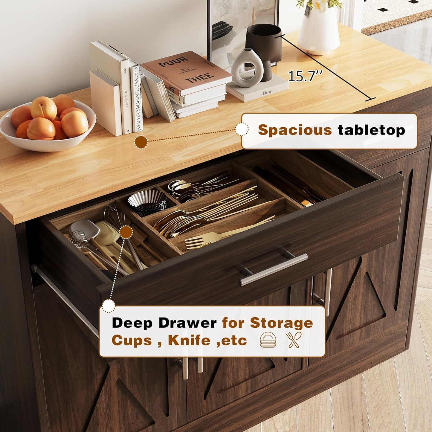 Vongrasig Sideboard Buffet Cabinet with Storage, 43” Farmhouse Coffee Bar Storage Cabinet with Drawers and Shelves, Modern Buffet Table for Kitchen, Dining Room, Rustic Brown