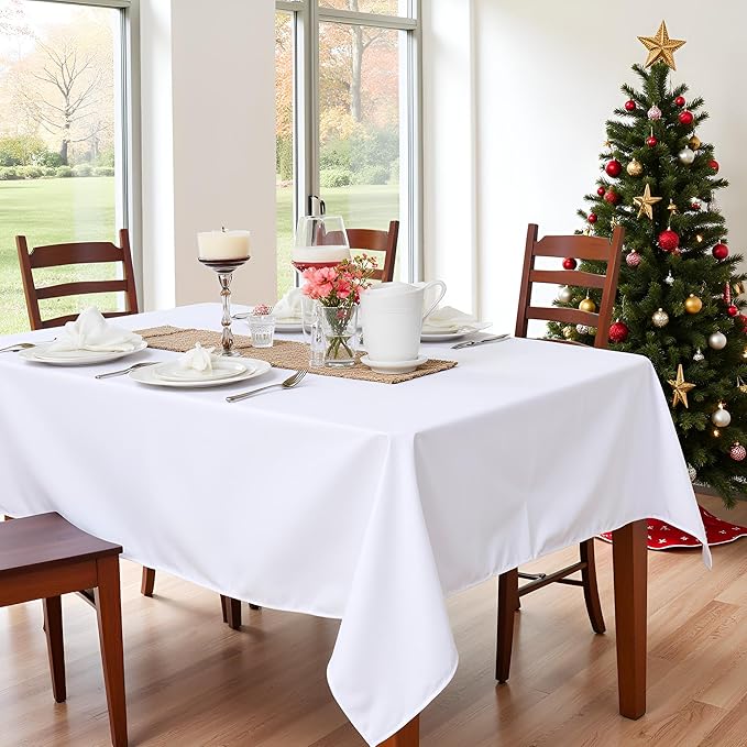 sancua Rectangle Tablecloth - 70 x 108 Inch - Stain and Wrinkle Resistant Washable Polyester Table Cloth, Decorative Fabric Table Cover for Dining Tables, Buffet Parties and Camping, White
